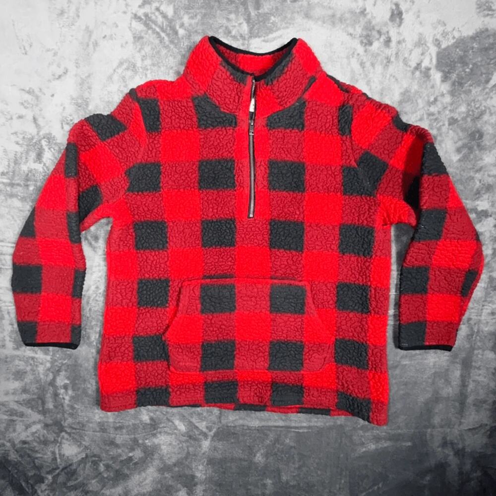 Style & Co Womens Fleece Pullover XL‎ Red Black Buffalo Plaid Sherpa Quarter Zip